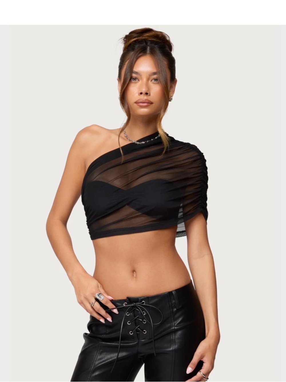 Edikted One-Shoulder Black Mesh Crop Top